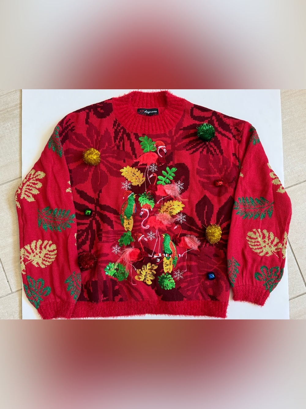 32 Degrees Red Embellished Flamingo & Parrot Ugly Christmas Sweater size Small